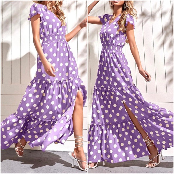 Boho Lilac Purple Polka Dot V neck Ruffle Maxi Dress - Picture 5 of 6